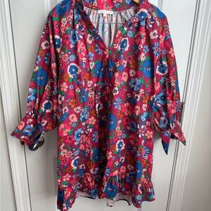 KARLIE Poplin Floral Ruffle Dress Women's Large- Pink Floral